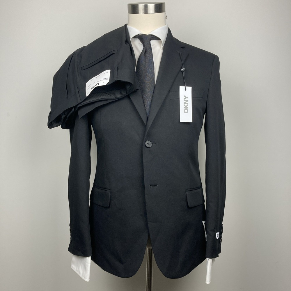 DKNY Mens Modern Fit 2 Piece Suit 44R 37W 32L Black Solid Stretch